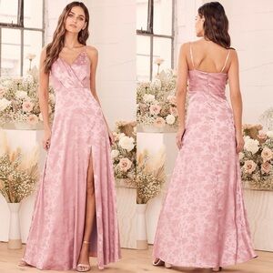 NWT Lulus Radiant Refinement Satin Floral Jacquard Maxi Dress Dusty Rose Pink